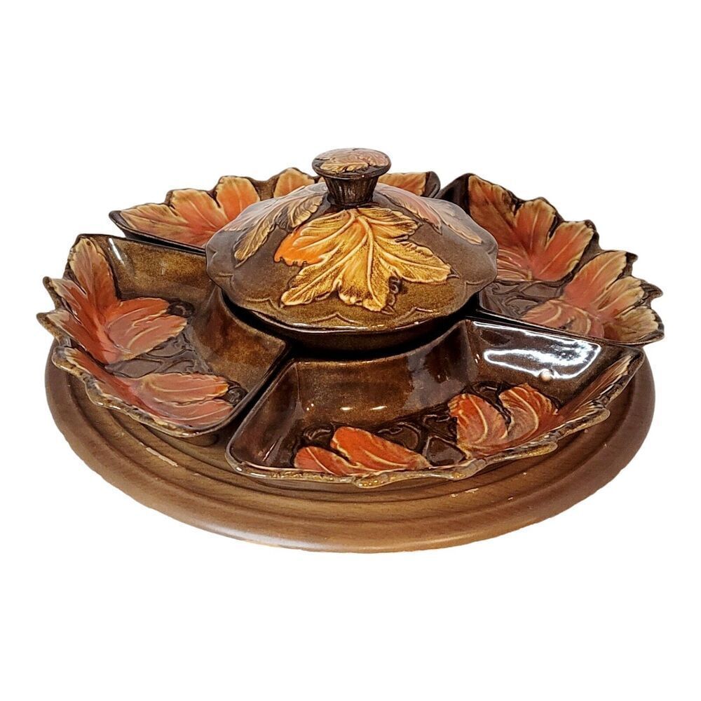 7 Pc Vintage Lazy Susan Fall Themed Red‎ Yellow Leaves Pottery Serving Set USA